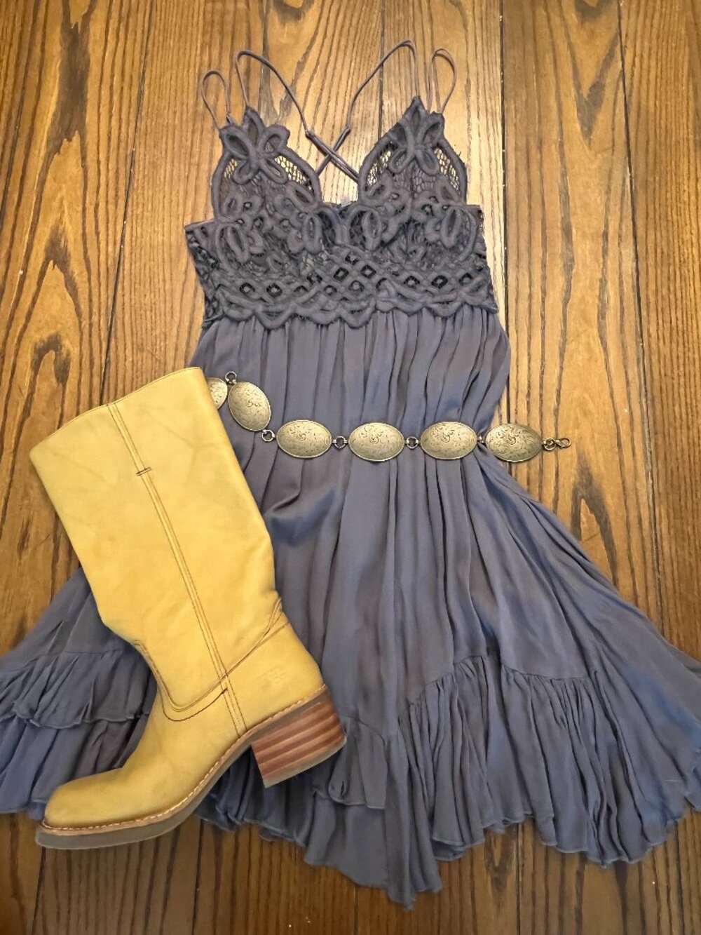 Free People Adella Slip Dress XS Slate Blue Crochet Lace Boho